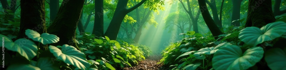 Obraz premium Lush Monstera vines spread across a forest floor, lush greenery, leafy