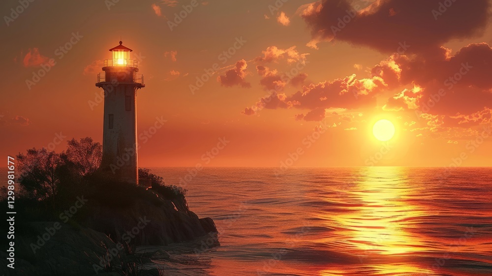 The sun setting behind a lighthouse on the coast with The sun setting behind a lighthouse on the coast with