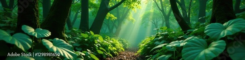 Lush Monstera vines spread across a forest floor  lush greenery  leafy