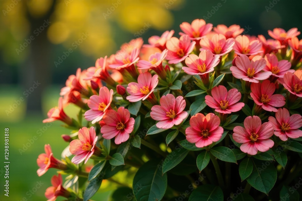 Pinkish red bush with yellow flowers blooming in early spring, greenery, red Pinkish red bush with yellow flowers blooming in early spring, greenery, red
