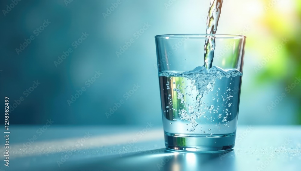 Glass fills with cool clear water from the tap, calmness, liquid Glass fills with cool clear water from the tap, calmness, liquid