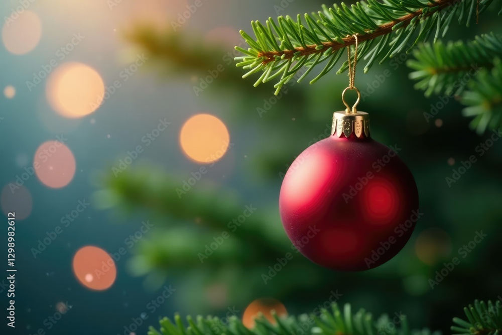 Single red Christmas bauble hanging from a branch, suspended, greenery, evergreen Single red Christmas bauble hanging from a branch, suspended, greenery, evergreen
