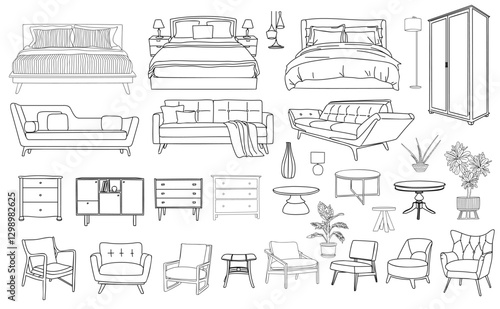 Collection of elegant modern furniture and home interior decorations of trendy Mid Century modern retro 70s t style hand drawn black sketch on transparent background. Monochrome vector illustration.