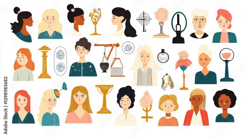 A diverse collection of illustrated women representing various themes and symbols. A diverse collection of illustrated women representing various themes and symbols.