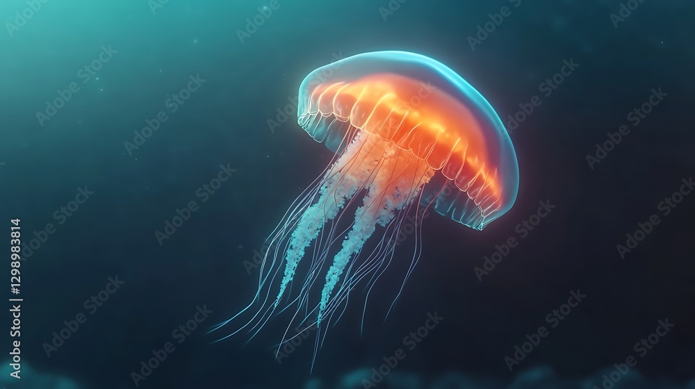 Fototapeta premium Ethereal Jellyfish Glowing in Deep Blue Sea with Bioluminescent Tentacles and Tranquil Underwater Background
