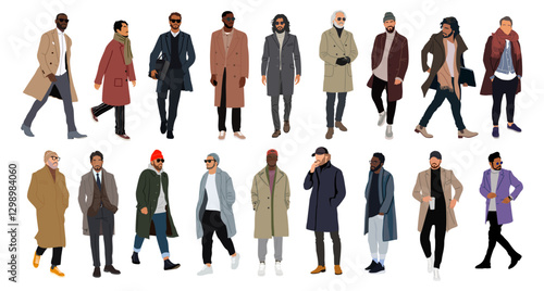Set of different men wearing coats, stylish autumn, winter warm clothes. Big collection of male characters standing and walking full length. vector realistic illustration isolated 