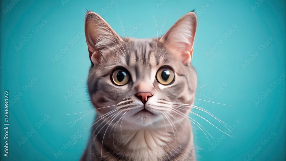 Surprised Cute Cat Minimalist Blue Background - Adorable Kitty Photo Surprised Cute Cat Minimalist Blue Background - Adorable Kitty Photo