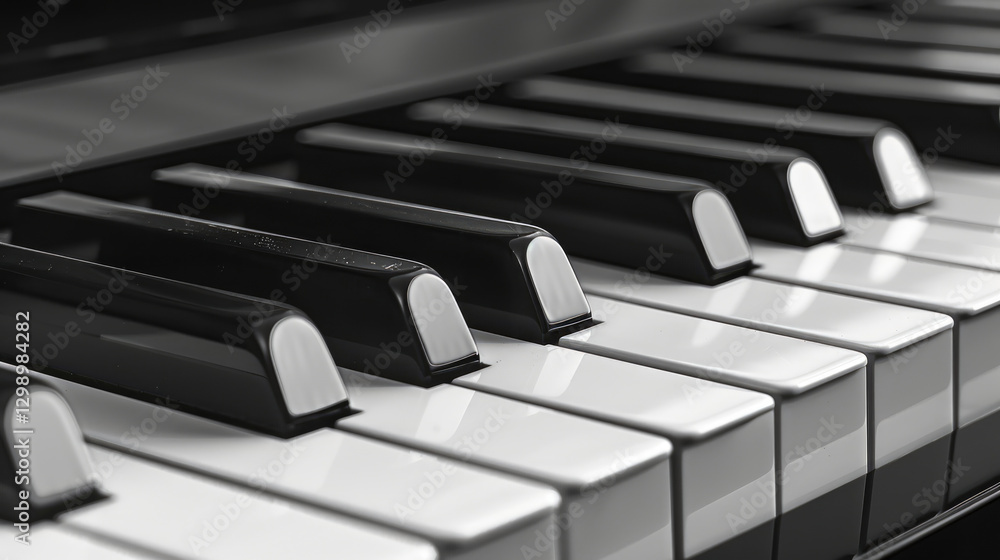 Close-Up of Black and White Piano Keys in a Diagonal Perspective with Soft Lighting Close-Up of Black and White Piano Keys in a Diagonal Perspective with Soft Lighting