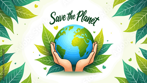 A heart-shaped globe being held by hands with green leaves, symbolizing the message "Save the Planet," ideal for environmental and conservation designs.