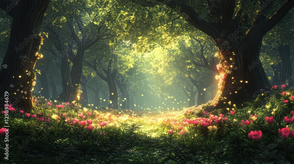 Obraz premium Magical Fantasy Forest with Glowing Flowers and Enchanted Atmosphere By Generated AI