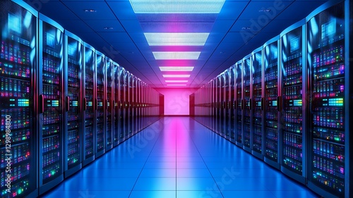 Futuristic Data Center with Colorful Lighting and Server Racks in a High-Tech Environment