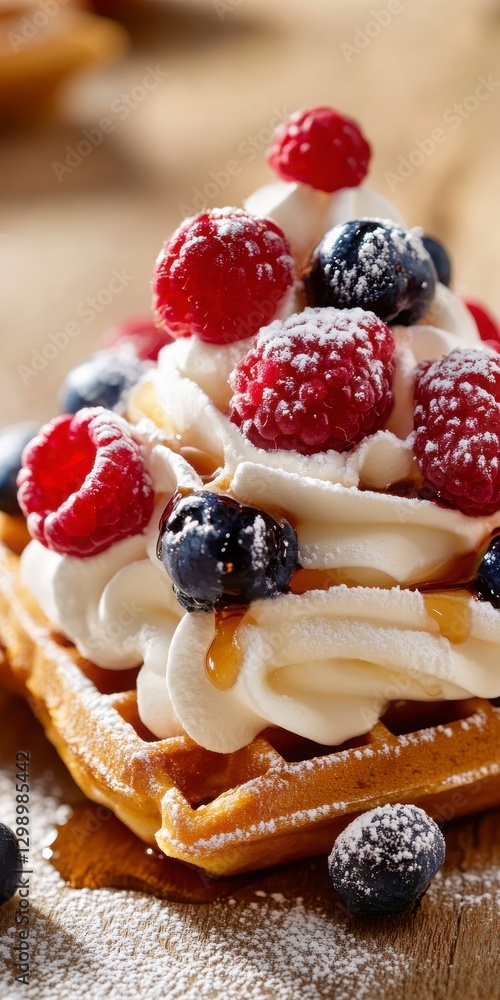 Closeup Of Golden Brown Waffles Topped With Whipped Cream Berries And Blueberries Closeup Of Golden Brown Waffles Topped With Whipped Cream Berries And Blueberries