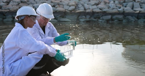 Environment Scientists examine water, collect water samples from industry, and analyze water. scientist Biologist or environment staff sample water for mobile lap test. Scientists examine toxic water.