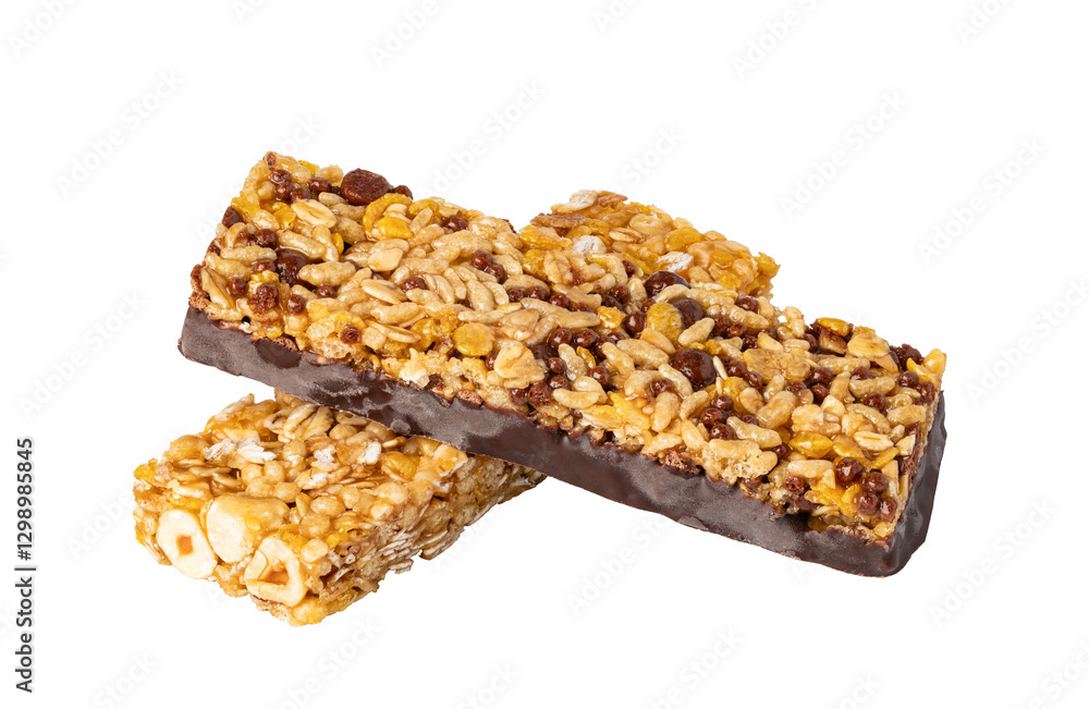 Two cereal bars with chocolate and hazelnuts isolated on transparent background
