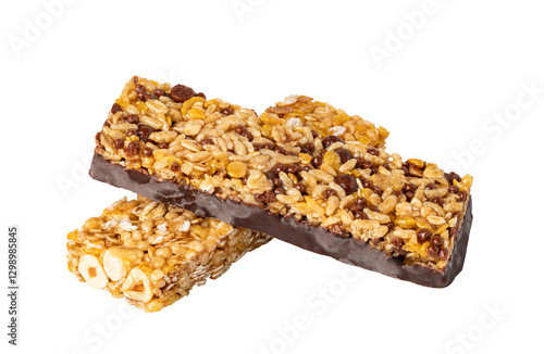 Photography Two cereal bars with chocolate and hazelnuts isolated on transparent background