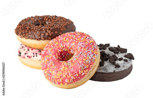 Картината върху платно Four iced ring donuts with sprinkles and cookie crumbs on transparent background