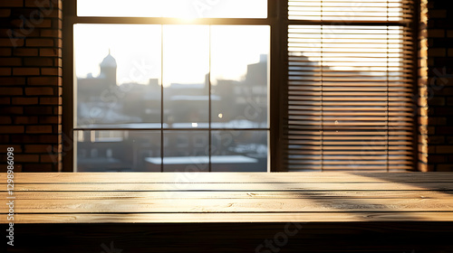 Wooden Table Surface and Bright Sunlight through Window overlooking City View