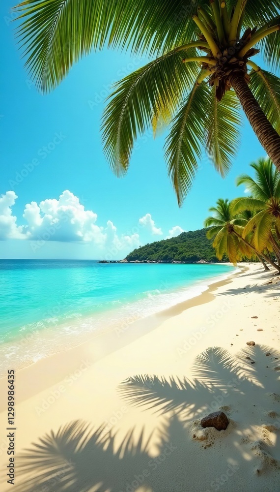 Obraz premium A sunny beach with palm trees, crystal clear water, and a golden sandy shore, serene, seaside, coastal