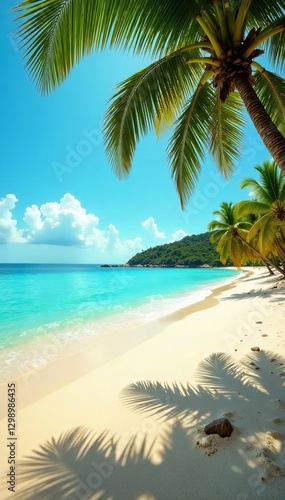 A sunny beach with palm trees  crystal clear water  and a golden sandy shore  serene  seaside  coastal