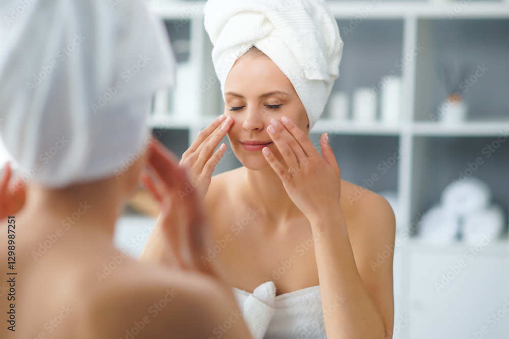 Young Girl is Sitting in front of a Make-up Mirror in the Bathroom and Applying a Skin Cream. Beautiful Woman is Making Cosmetic Rejuvenation Procedures. Young Girl is Sitting in front of a Make-up Mirror in the Bathroom and Applying a Skin Cream. Beautiful Woman is Making Cosmetic Rejuvenation Procedures.