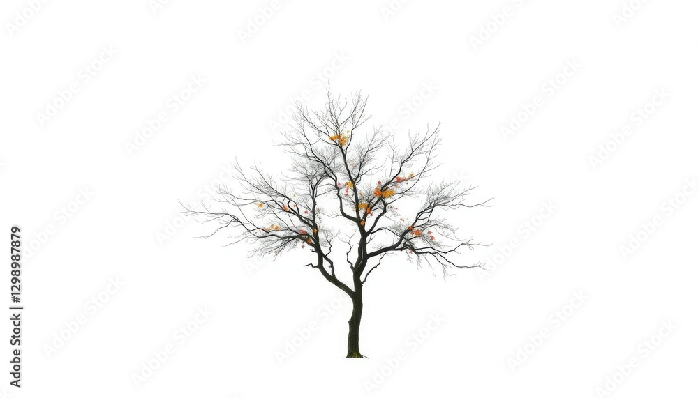 Fototapeta premium Lone deciduous tree, stark branches against pure white, artwork, horizontal