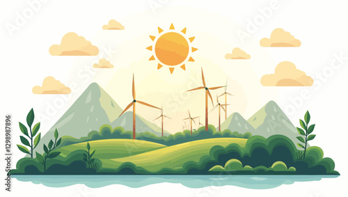 A scenic mountain landscape with wind turbines and green hills under a bright sun, promoting clean energy and sustainability.