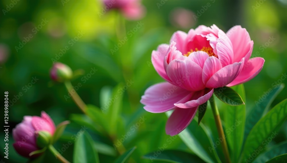 Lush green leaves forming a stunning backdrop for peony blooms, spring, garden Lush green leaves forming a stunning backdrop for peony blooms, spring, garden