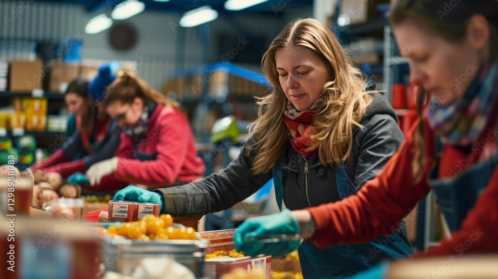 Volunteers sorting donations at a community food bank with Volunteers sorting donations at a community food bank with