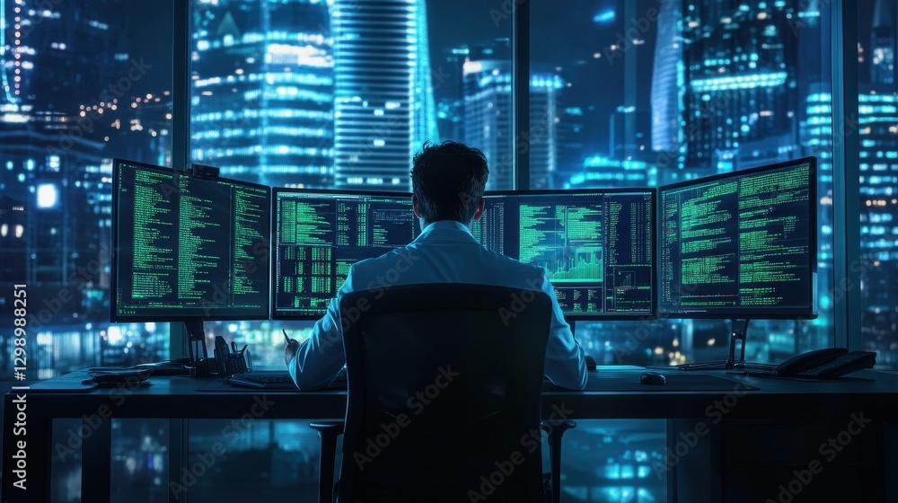 A professional trader intensely monitoring several computer screens with green-lit data displays in a modern office building during nighttime, symbolizing financial diligence. A professional trader intensely monitoring several computer screens with green-lit data displays in a modern office building during nighttime, symbolizing financial diligence.