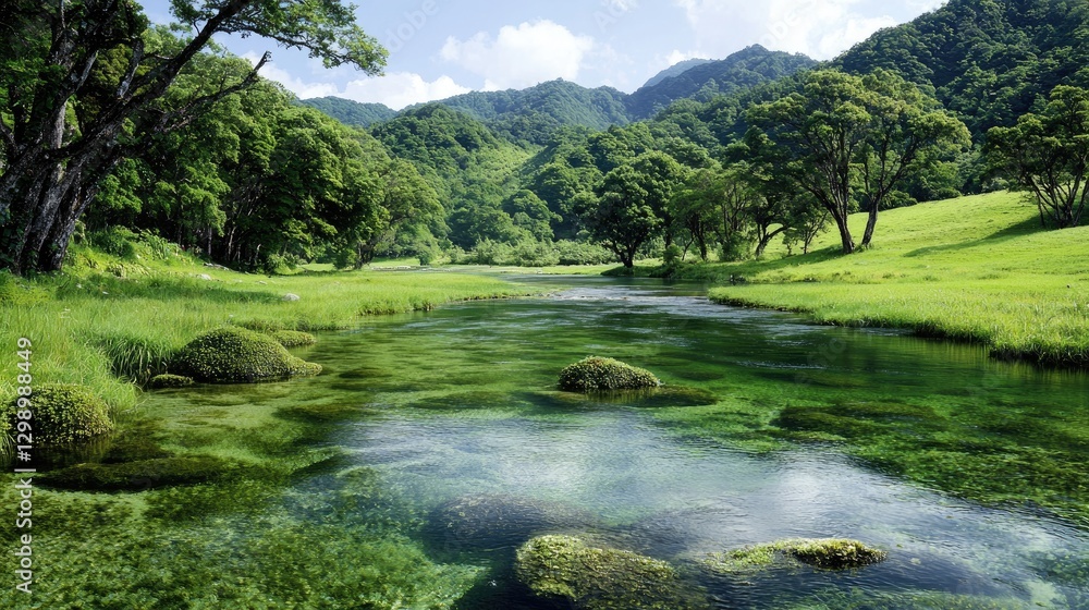 Serene mountain stream flows through lush green valley (1) Serene mountain stream flows through lush green valley (1)