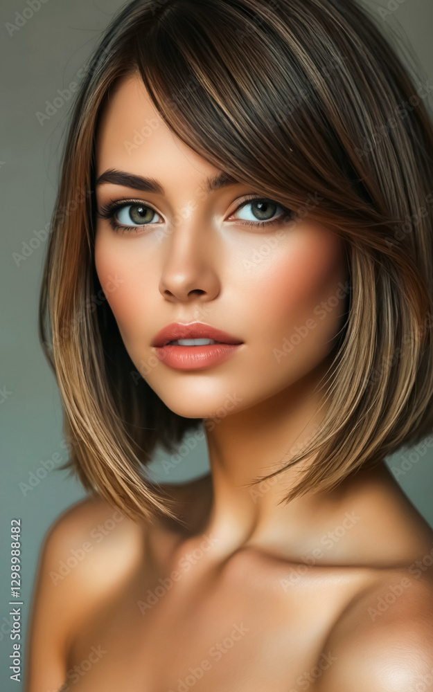 Young beauty with bob haircut and professional makeup poses elegantly in front of the camera Young beauty with bob haircut and professional makeup poses elegantly in front of the camera