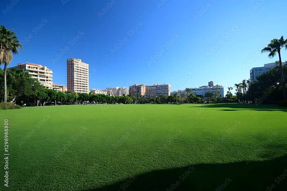 Lush Green Lawn and Towering City Skyline on a Sunny Summer Day Lush Green Lawn and Towering City Skyline on a Sunny Summer Day