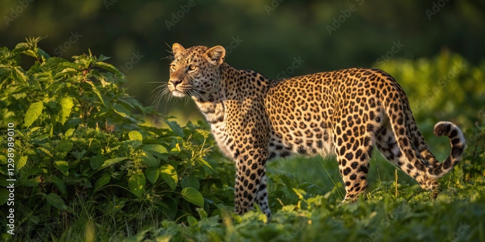Obraz premium a leopard standing gracefully in its natural habitat with spotted coat and attentive gaze. The sun casts a warm glow, highlighting the lush vegetation