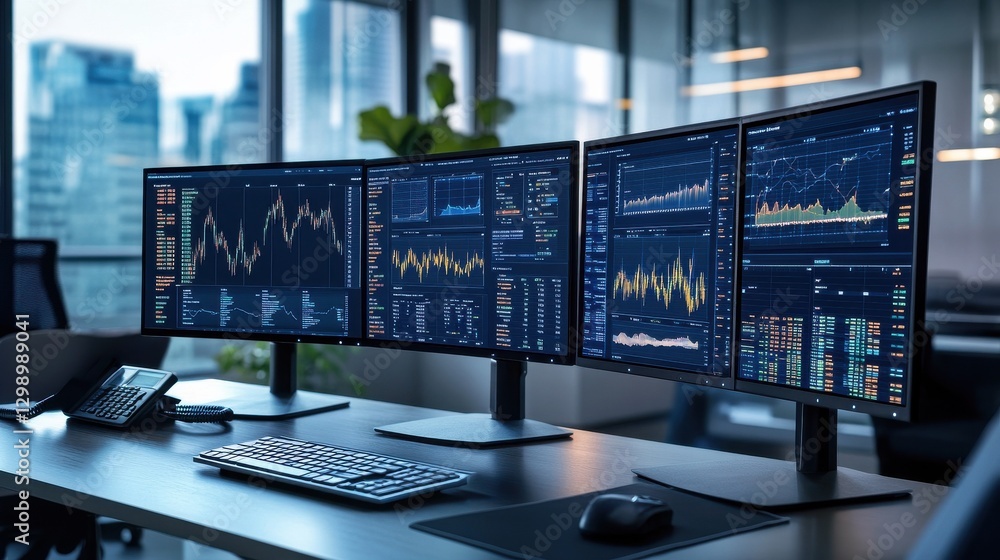 Six computer monitors displaying financial data charts and graphs in a modern office. Six computer monitors displaying financial data charts and graphs in a modern office.