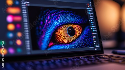 A vibrant eye design displayed on a laptop screen, highlighting digital creativity.
