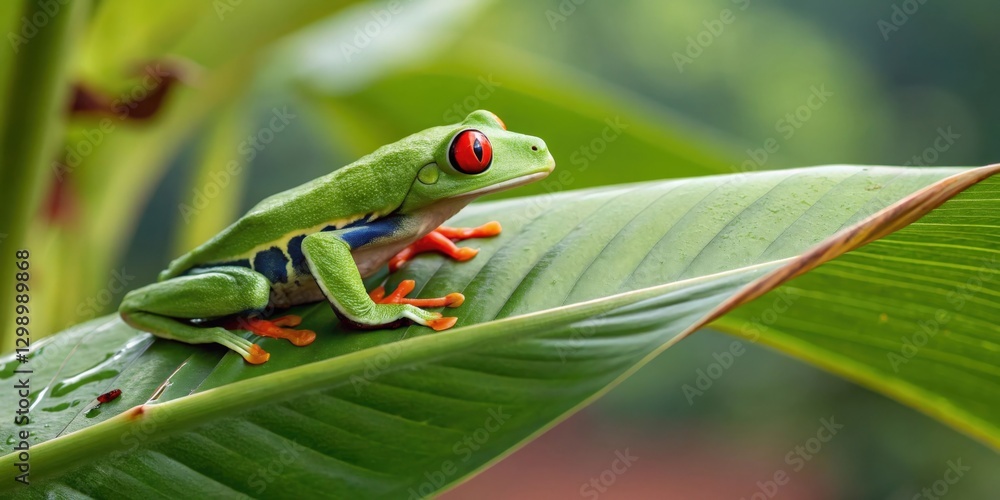 Naklejka premium a vibrant red-eyed tree frog perched on a large, green leaf. The frog's skin is a bright green with red eyes, a perfect contrast to the leaf