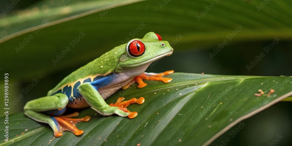 Fototapeta premium a vibrant red-eyed tree frog resting on a large green leaf, displaying its striking colors and detailed texture