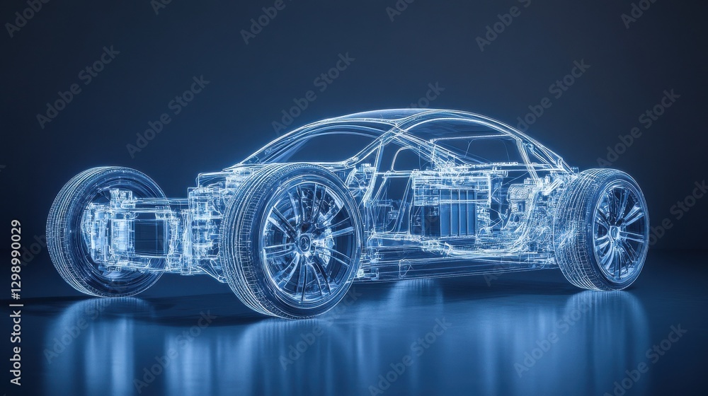 Modern Electric Car Chassis X-Ray: Line Art 3D Illustration in a Studio Environment, Highlighting the Vehicle Battery Modern Electric Car Chassis X-Ray: Line Art 3D Illustration in a Studio Environment, Highlighting the Vehicle Battery