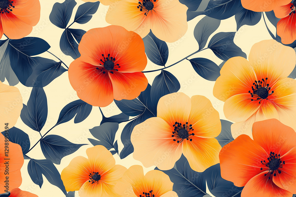 Seamless floral pattern with elegant orange and yellow flowers, botanical modern digital illustration for fabric, wallpaper and textiles Seamless floral pattern with elegant orange and yellow flowers, botanical modern digital illustration for fabric, wallpaper and textiles