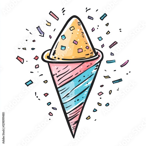Colorful snow cone in cone, confetti background; summer treat, festive food illustration