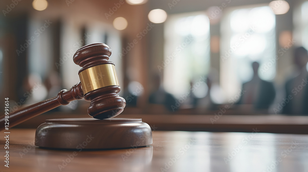 A gavel rests on a desk in a courtroom, symbolizing justice and authority, with blurred figures in the background suggesting a legal proceeding.
