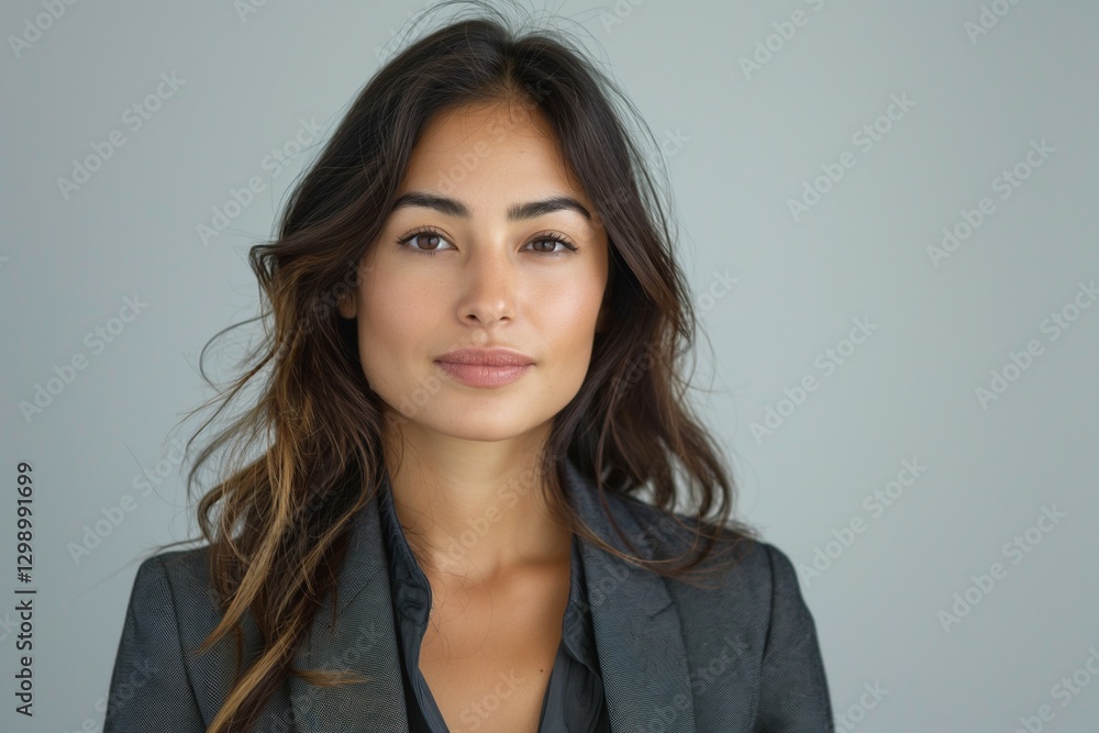 Confident young woman with long dark hair posing in a professional setting, exuding determination and poise. Confident young woman with long dark hair posing in a professional setting, exuding determination and poise.