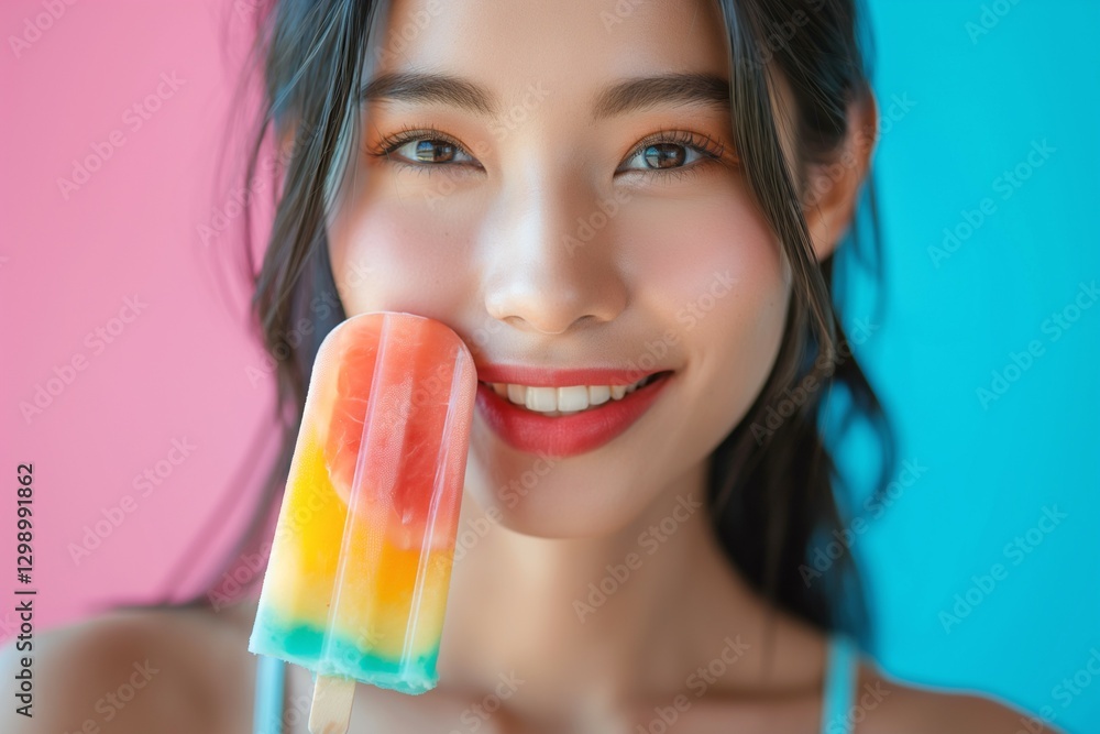 Cheerful young Asian woman enjoying a colorful popsicle against a vibrant pink and blue background. Cheerful young Asian woman enjoying a colorful popsicle against a vibrant pink and blue background.