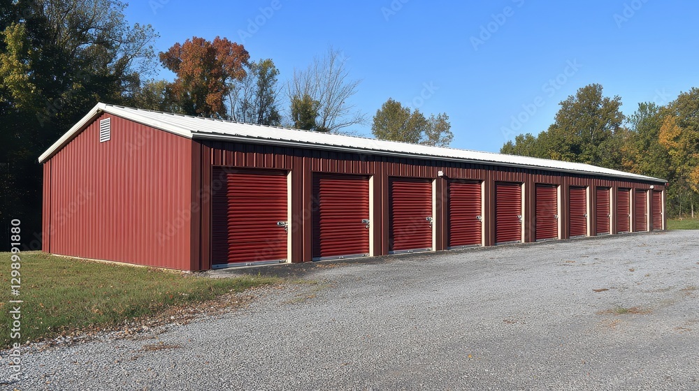 Red Storage Units in Sunny Landscape Red Storage Units in Sunny Landscape
