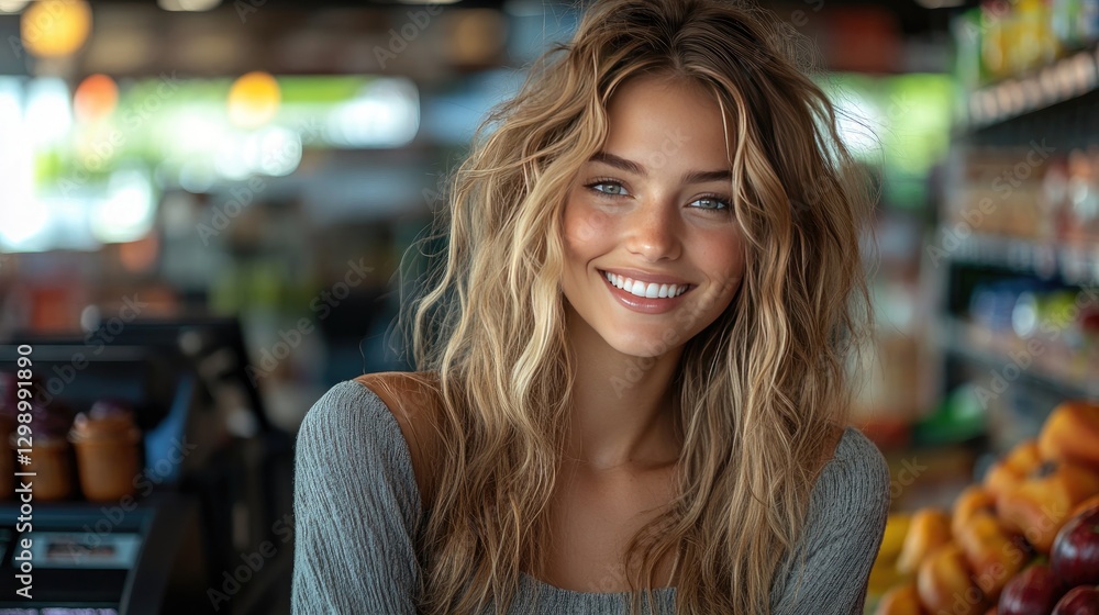 A smiling female cashier with curly hair sits at a checkout counter, engaging with a customer. A smiling female cashier with curly hair sits at a checkout counter, engaging with a customer.