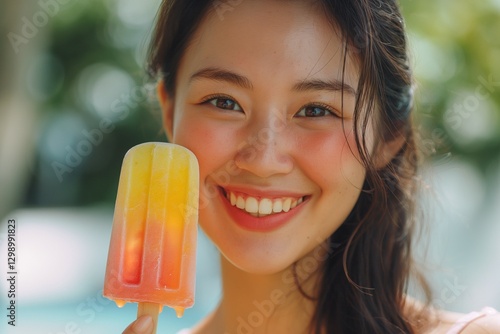 A cheerful young woman with medium skin tone enjoys a colorful popsicle on a sunny day, radiating happiness and summer vibes. photo