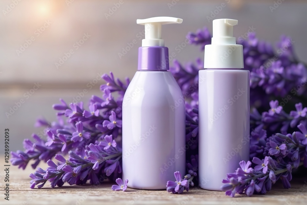 Lavender cosmetic products on wooden background with fresh flowers, wellness, cosmetics Lavender cosmetic products on wooden background with fresh flowers, wellness, cosmetics