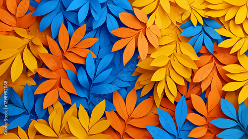 Vibrant Paper Cutout Leaves in Blue Yellow and Orange Colors Creating a Decorative Abstract Background