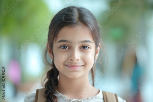 Free Download A smiling young girl with dark hair and eyes, wearing a striped shirt, exuding a warm and friendly demeanor. - GFXLoad