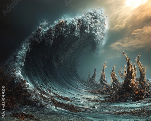 tidal wave on an alien planet with towering mutant seaweeds swaying in the pressure